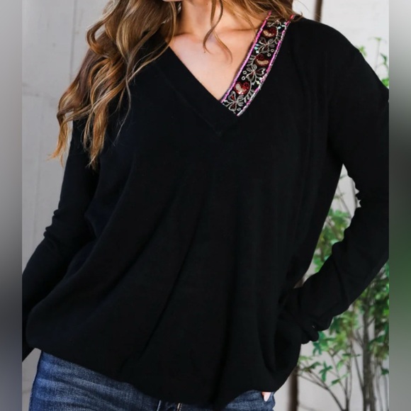 Black V-Neck Long Sleeve Sweater with Sequined Trim - Picture 2 of 4